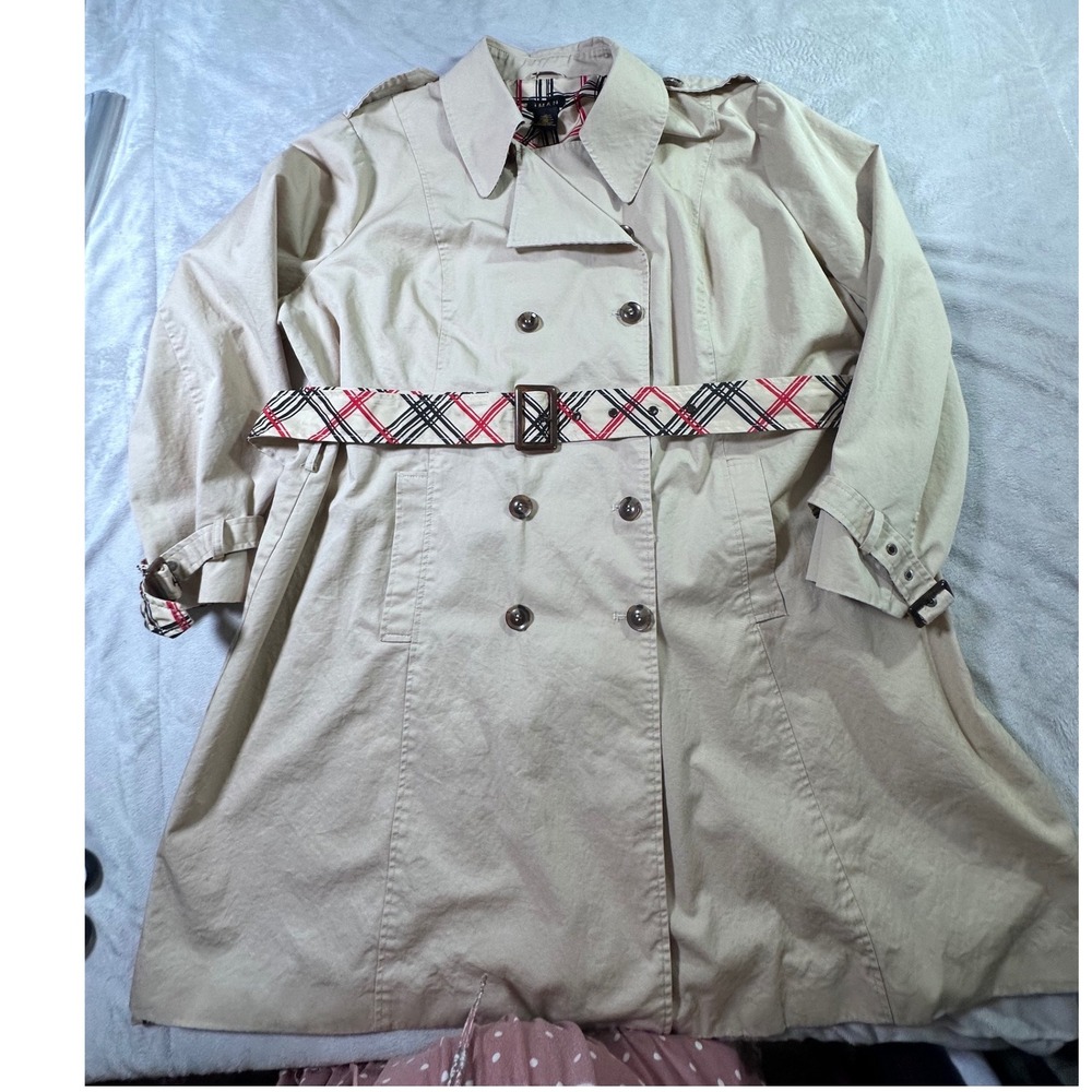 IMAN Womens Tan Double Breasted Trench Coat Plaid Lining Belted Size 2X
